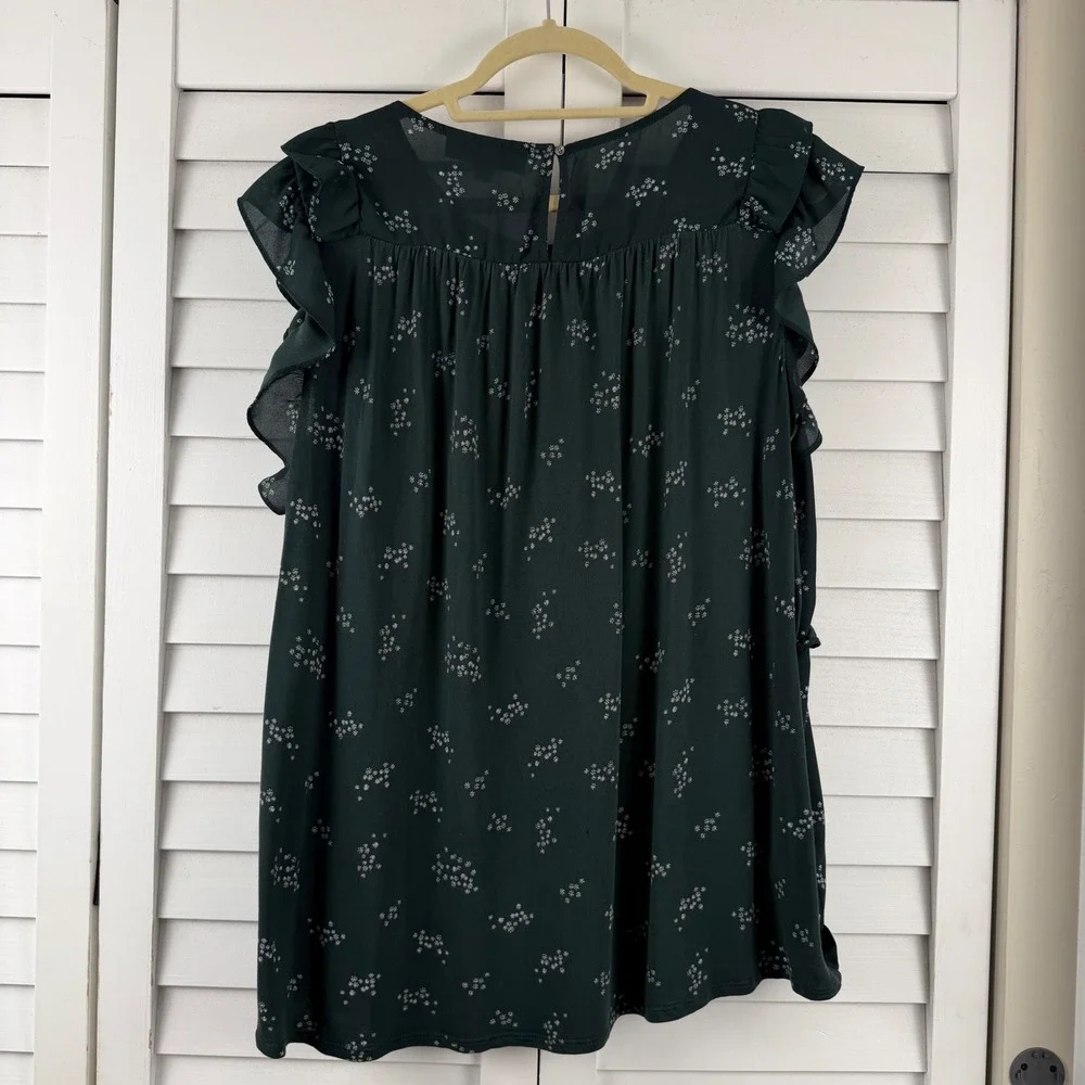 LOFT Flutter Sleeve Top Women XXL Green Floral Ruffle Blouse - Picture 6 of 14